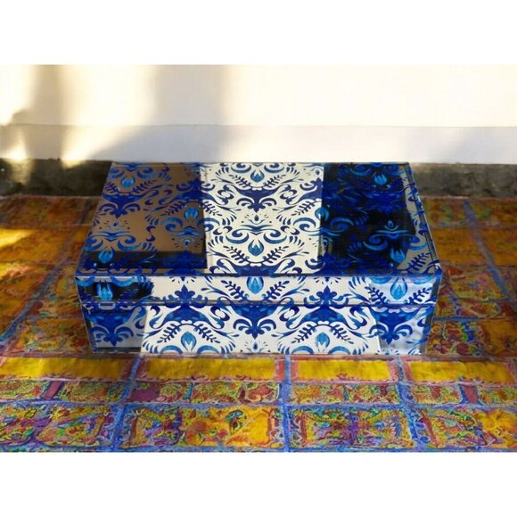 New Large Blue Mirror BOHO W/ Floral Luxe Gift Jewelry Storage Box - Picture 1 of 5